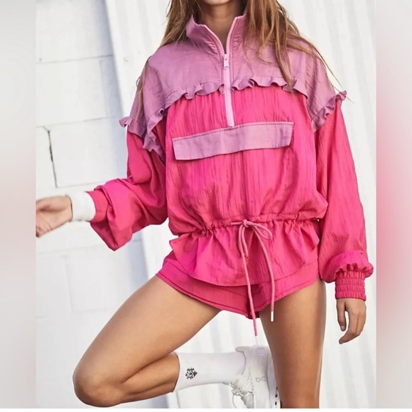 Free People Tops - FREE PEOPLE MOVEMENT LETS GO OUT PULLOVER WINDBREAKER PINK RUFFLES ZIP UP XS
